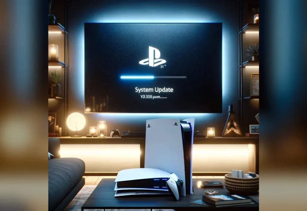 Consola PlayStation 5 en una sala de estar iluminada con luces LED, mostrando en una pantalla de televisión el proceso de actualización del sistema firmware.