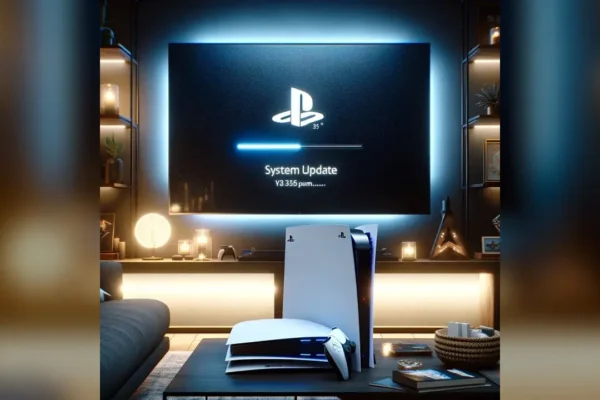 Consola PlayStation 5 en una sala de estar iluminada con luces LED, mostrando en una pantalla de televisión el proceso de actualización del sistema firmware.
