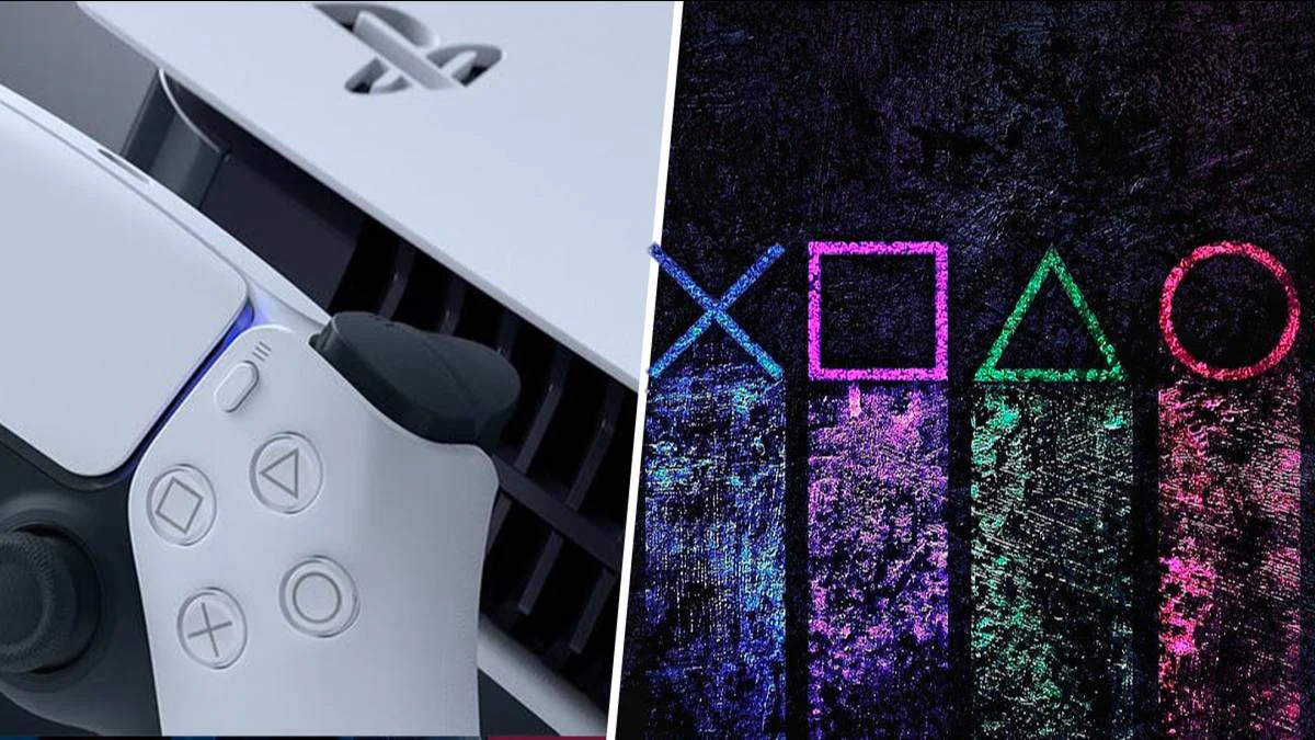 Primer plano del mando DualSense blanco de PlayStation 5 y parte de la consola con una luz azul, junto a los cuatro símbolos de PlayStation (X, cuadrado, triángulo, círculo) en colores texturizados sobre un fondo oscuro, ilustrando la marca y el hardware de la consola.