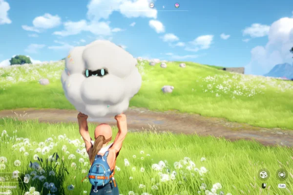 Jugador sosteniendo una criatura Prismana con forma de nube en un campo verde durante una sesión de gameplay de Aniimo.
