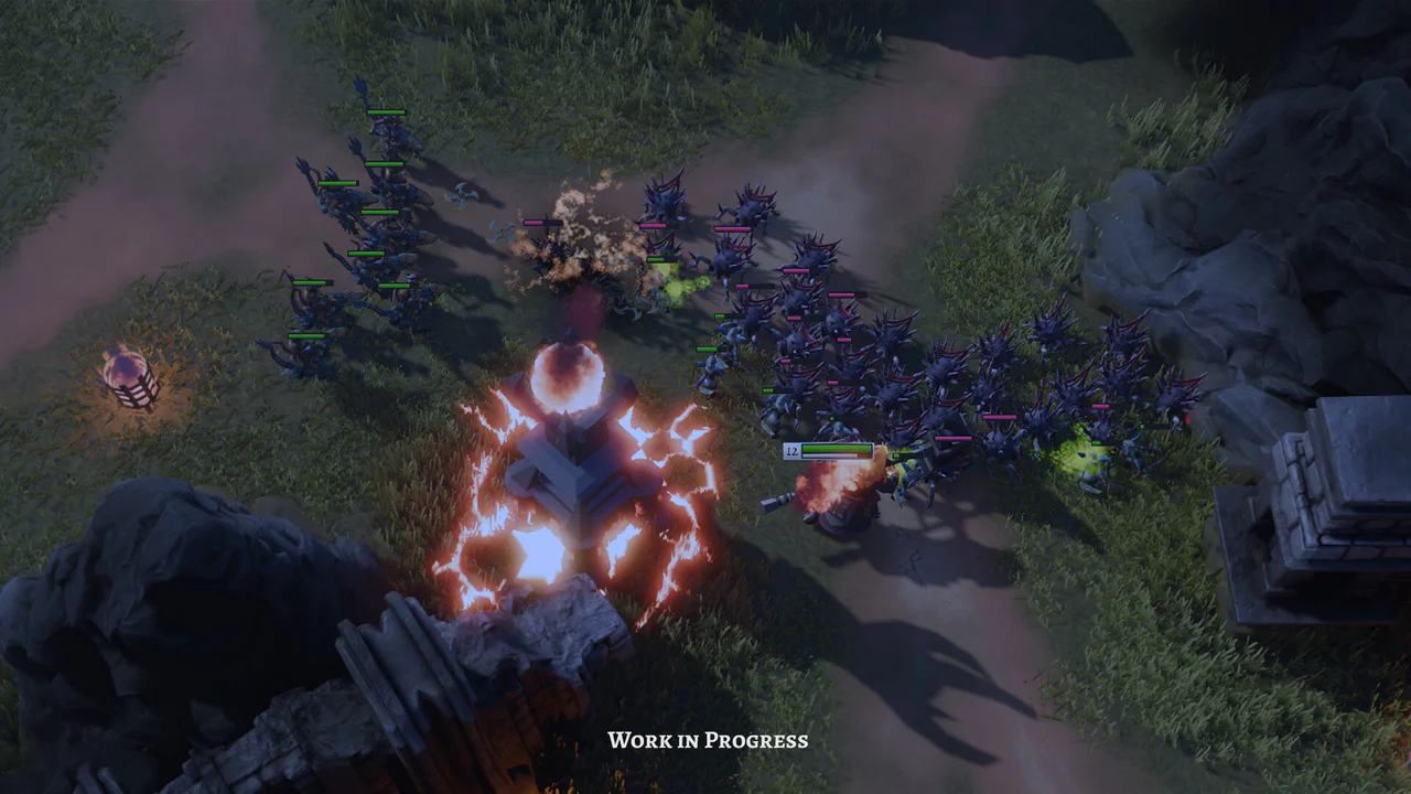 Captura de gameplay del nuevo Starcraft mostrando un intenso combate entre unidades Zerg y una torre defensiva de energía.