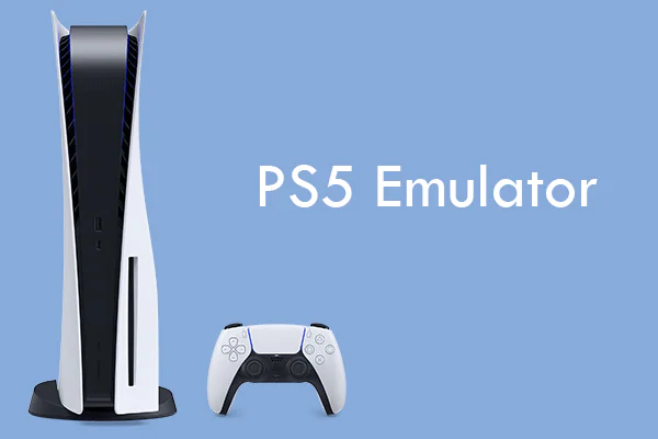 Consola PlayStation 5 y mando DualSense frente a un texto que dice PS5 Emulator, representando el concepto de emulación de software en PC.