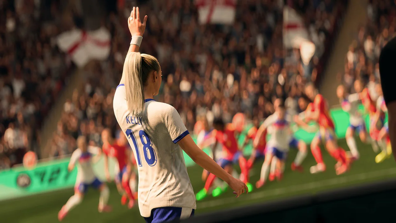 Jugadora de la selección de fútbol femenina de Inglaterra celebrando en una partida de EA Sports FC 27.