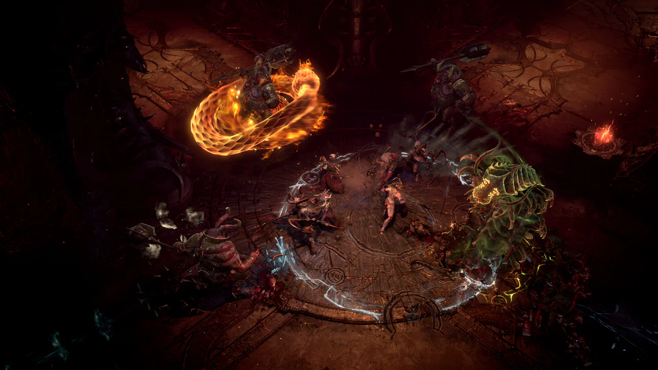 Combate de acción frenética en Diablo V con héroes enfrentando hordas demoníacas mediante poderosos efectos de hechizos y habilidades.