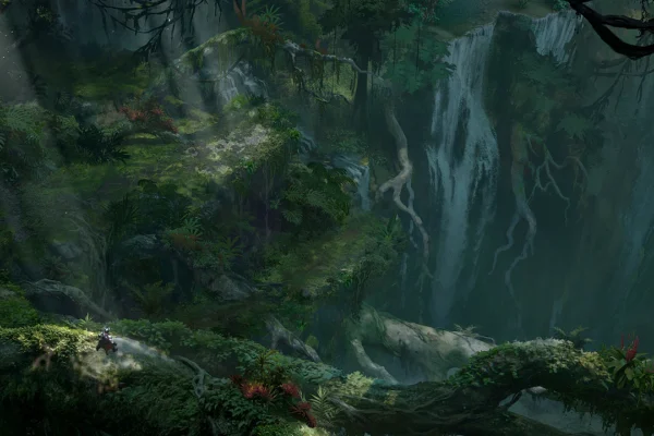 Paisaje de selva exuberante con cascada y un explorador en primer plano, mostrando el entorno atmosférico de Diablo V anunciado en la BlizzCon 2026.