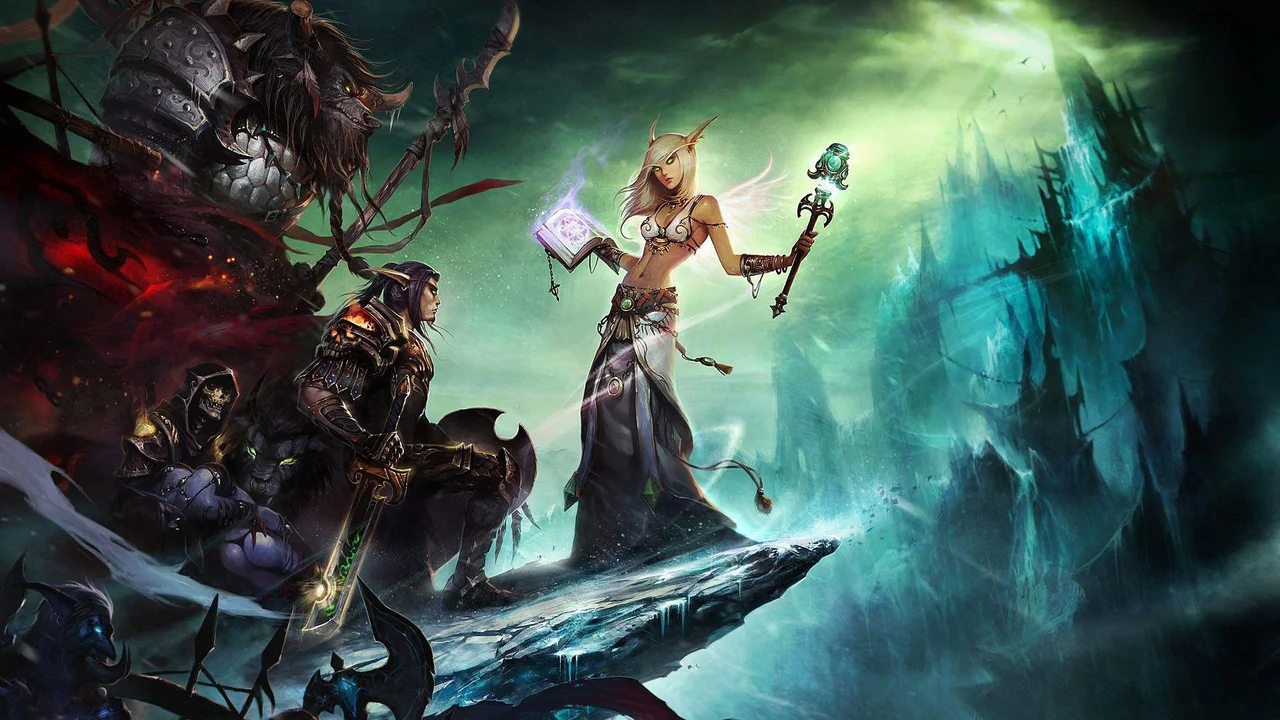 Arte promocional de World of Warcraft que presenta a un guerrero y una sacerdotisa elfa de sangre explorando las tierras heladas del juego, evocando la estética clásica de la era vainilla.