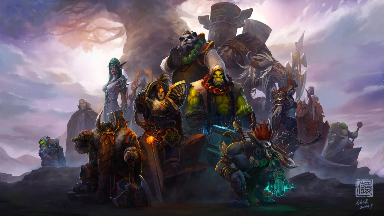 Grupo de héroes icónicos de diversas razas de World of Warcraft unidos en una ilustración épica, representando la esencia de la saga clásica que se explora en World of Warcraft: Forever.