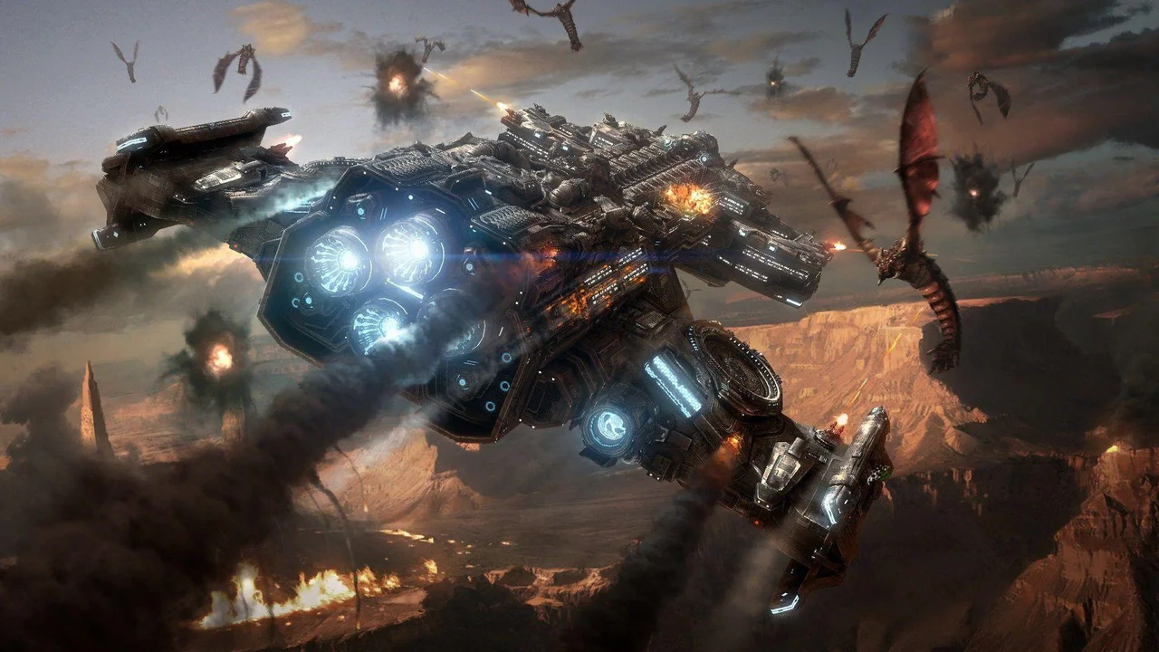 Arte promocional de StarCraft mostrando una nave Terran en combate aéreo contra enjambres Zerg sobre un planeta desolado.