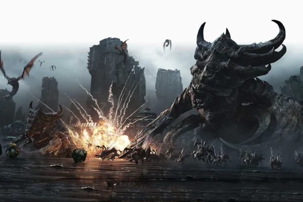 Arte promocional épico de StarCraft que muestra un enjambre Zerg masivo y una criatura gigante atacando en un entorno de ciencia ficción oscuro.