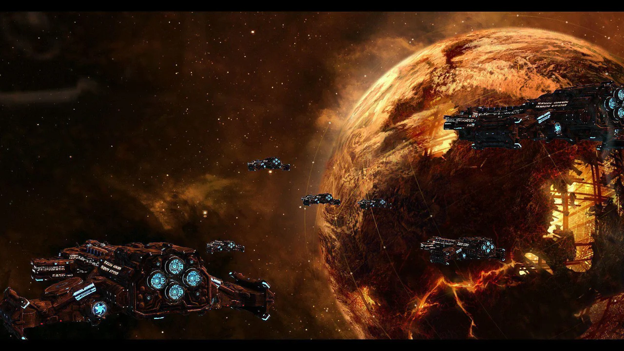 Flota de naves Terran sobrevolando un planeta devastado en el universo de StarCraft, como parte del nuevo shooter de mundo abierto anunciado en la BlizzCon 2026.
