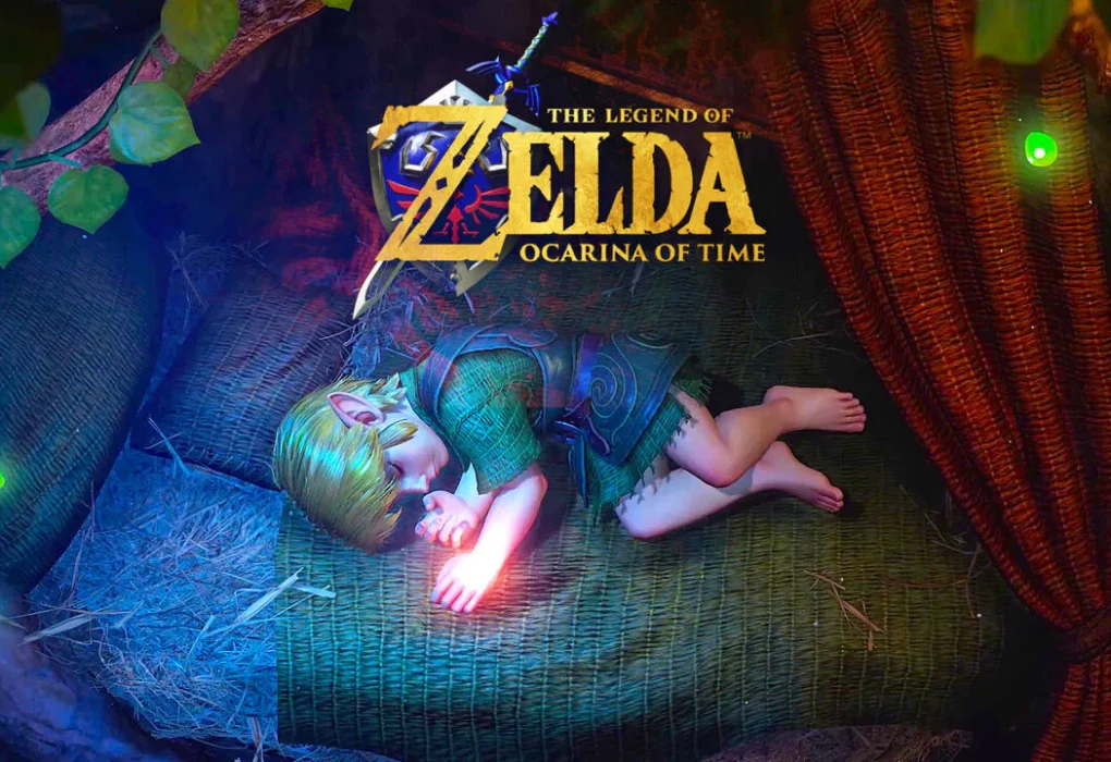 High-fidelity cinematic render of Link sleeping in a bed, illustrating the updated graphical style of the Ocarina of Time Remake for Nintendo Switch 2.