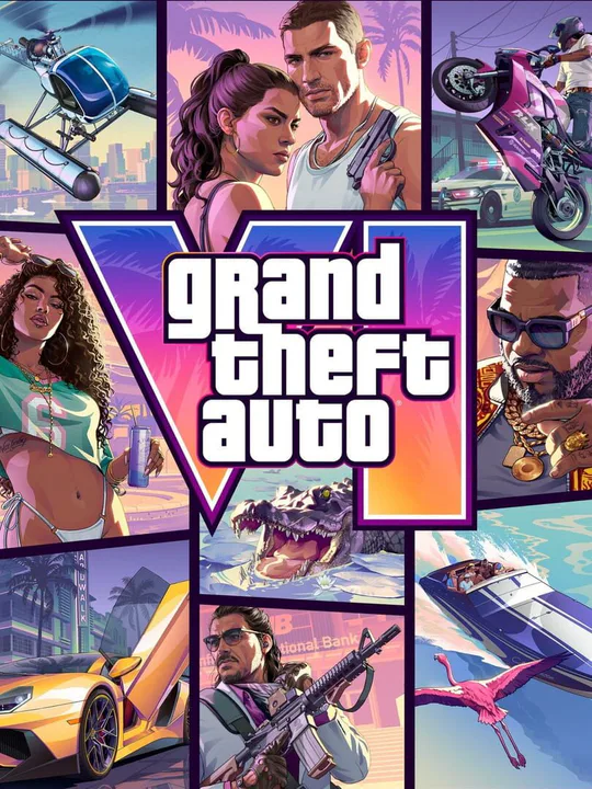 Collage promocional de Grand Theft Auto VI, que presenta a los protagonistas Lucia y Jason, vehículos, escenas de acción, vida silvestre como caimanes y flamencos, y diversos entornos urbanos y costeros de Vice City. Esta imagen principal sirve como una vista integral del esperado lanzamiento.