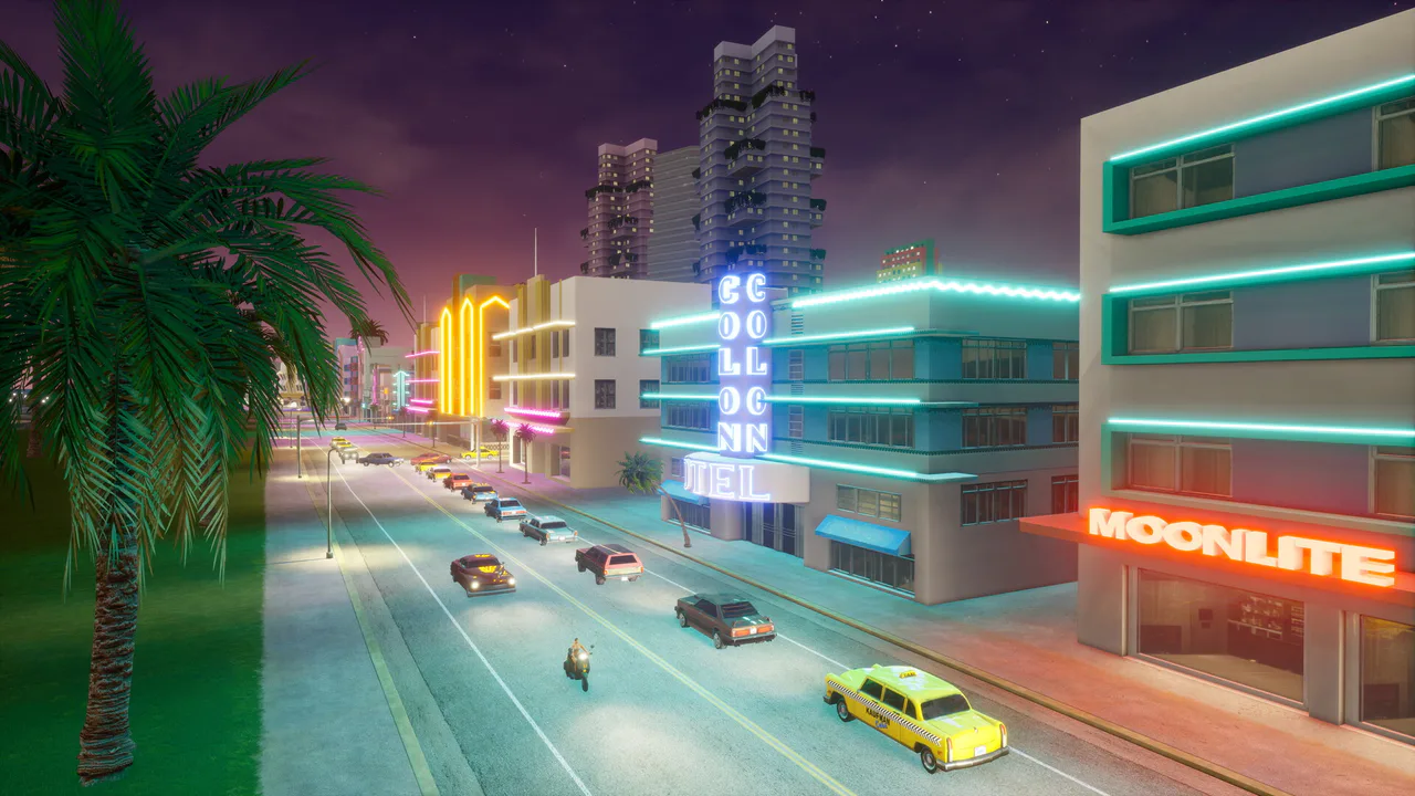 Vista nocturna de una calle animada en una ciudad vibrante que recuerda a Vice City, con edificios art déco iluminados con neón, palmeras exuberantes y coches clásicos circulando, ilustrando el posible entorno de Grand Theft Auto VI.