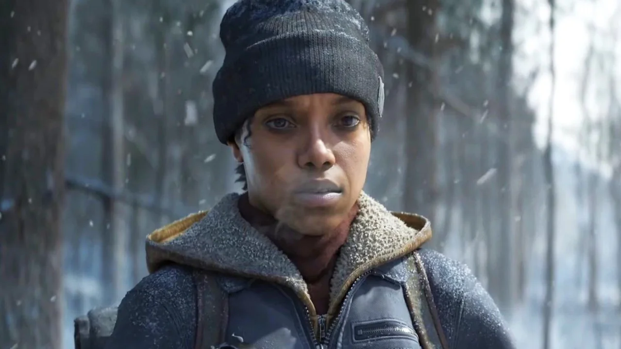 Close-up of a survivor in State of Decay 3 standing in a cold, snowy forest environment.