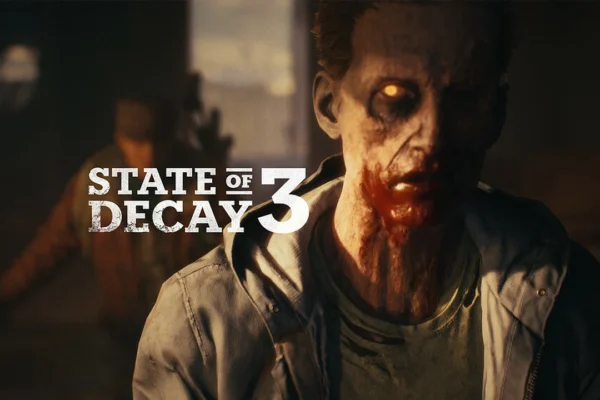 Imagen promocional de State of Decay 3 mostrando un zombi de aspecto demacrado con ojos brillantes y sangre en el rostro, con el título del juego 'STATE OF DECAY 3' en el fondo oscuro.