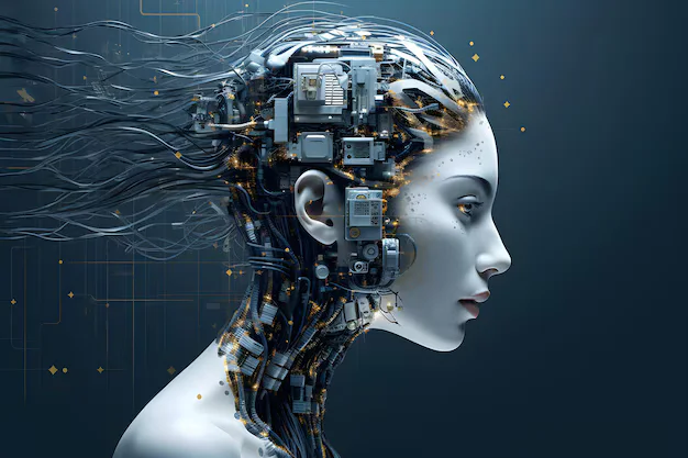 Rostro humanoide compuesto por circuitos y tecnología avanzada representando la potencia creativa de la inteligencia artificial en el desarrollo de videojuegos.
