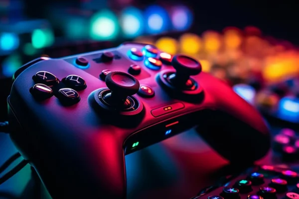 Mando de videojuegos de alta tecnología sobre una superficie oscura, representando el potencial de ChatGPT 6 Astra para desarrollar experiencias interactivas modernas.