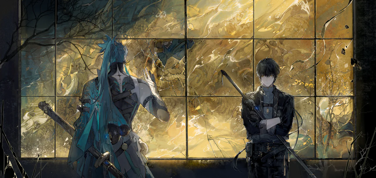 Arte conceptual del videojuego MindsEye que presenta a dos personajes principales: uno con armadura cibernética y cabello azul turquesa, y otro hombre de cabello oscuro con atuendo táctico, ambos de pie frente a un ventanal gigante que revela un paisaje atmosférico y dorado. La imagen ilustra el diseño de los protagonistas y el entorno del juego.