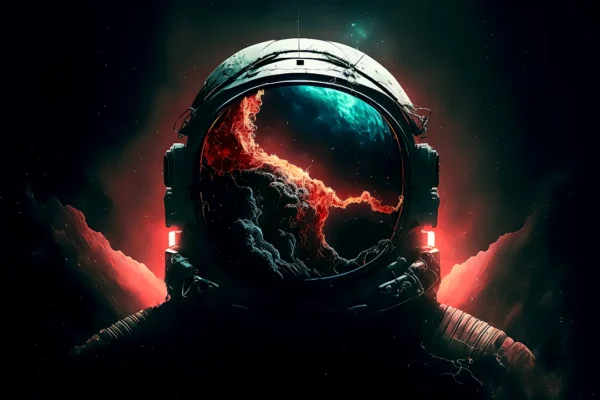 Casco de astronauta con una nebulosa espacial reflejada en el visor, representando la temática de ciencia ficción de MindsEye.