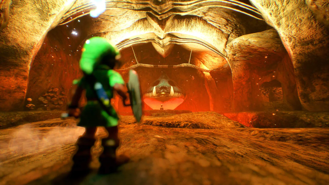 Link explores a fiery volcanic dungeon in The Legend of Zelda: Ocarina of Time Remake, facing the massive stone skull entrance.