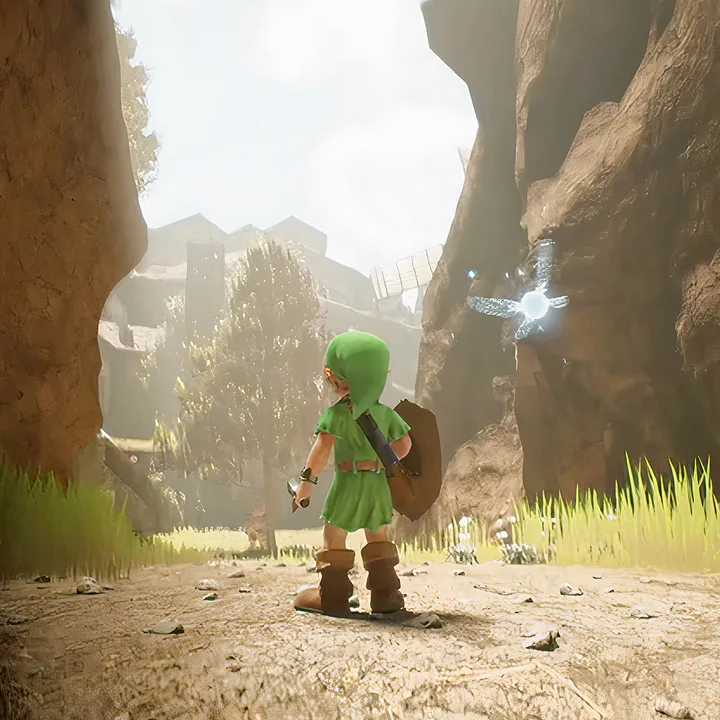 Link en su atuendo verde clásico, con un estilo chibi actualizado, se detiene en un sendero de tierra en un cañón, mirando hacia estructuras distantes mientras una hada brillante lo acompaña, ilustrando una posible escena de gameplay del remake de Ocarina of Time.