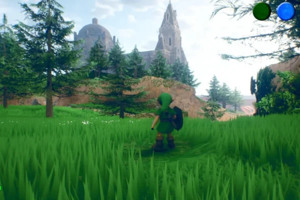 Link stands in a grassy Hyrule Field facing a grand castle in this high-definition remake of The Legend of Zelda: Ocarina of Time.