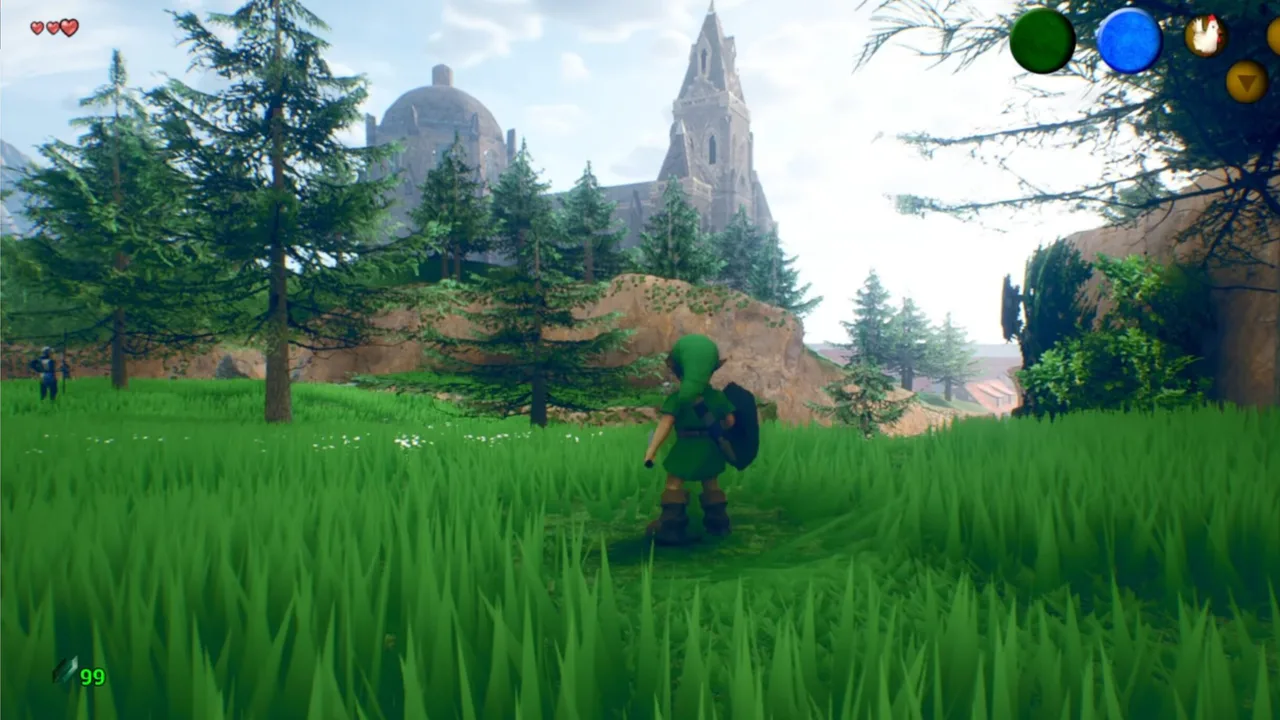 Link stands in a grassy Hyrule Field facing a grand castle in this high-definition remake of The Legend of Zelda: Ocarina of Time.
