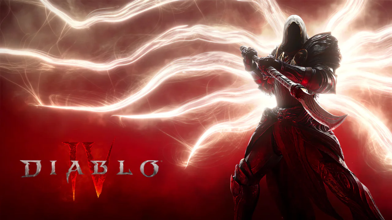Una figura oscura y encapuchada, con una gran arma en mano, se yergue majestuosamente frente a un fondo rojo y negro, de donde brotan líneas de energía luminosa ondulantes. El logotipo de Diablo IV se sitúa en la parte inferior izquierda, representando la esencia sombría de la franquicia.