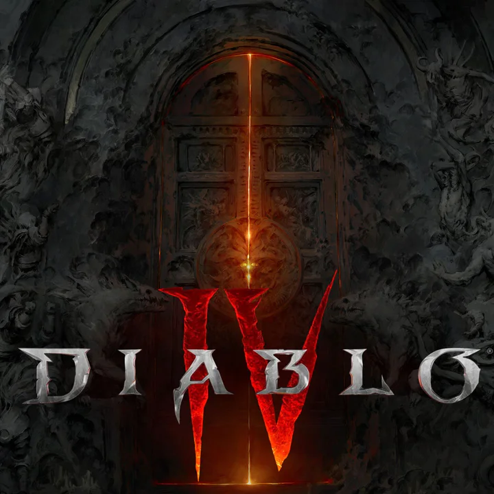 Logotipo oficial de Diablo IV frente a una puerta de piedra gótica iluminada para el trigésimo aniversario de la franquicia.