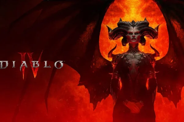 Key art de Diablo IV con Lilith frente a un fondo de fuego, representando la oscuridad de la franquicia para el aniversario de la saga.