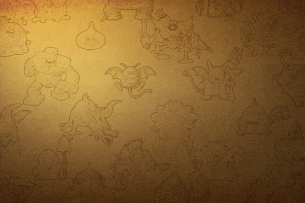 Un pergamino de aspecto antiguo con bocetos de varios monstruos icónicos de Dragon Quest, como el Slime y el Golem, que representa el rico mundo de criaturas de Dragon Quest Monsters: The Withered World.