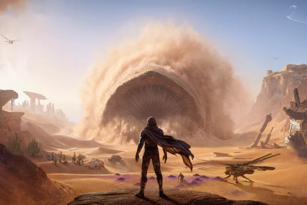 Protagonista frente a un gigantesco gusano de arena en el vasto desierto de Arrakis en Dune: Awakening.