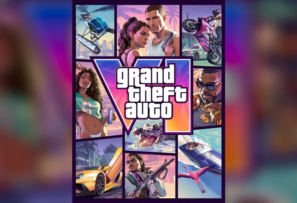 Arte oficial de Grand Theft Auto VI con el logotipo central y los protagonistas del juego rodeados de elementos icónicos del entorno de Vice City.