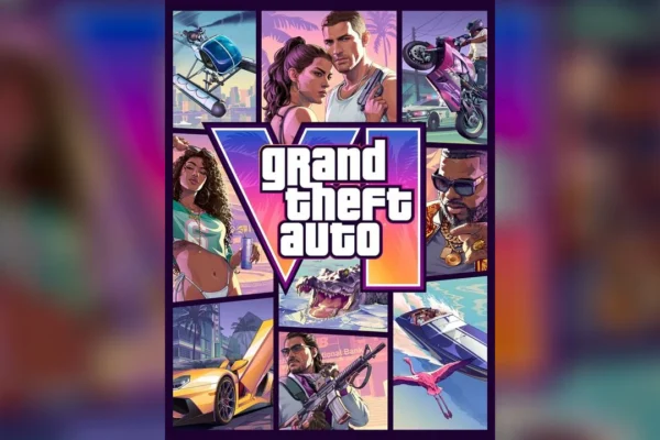 Arte oficial de Grand Theft Auto VI con el logotipo central y los protagonistas del juego rodeados de elementos icónicos del entorno de Vice City.