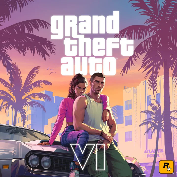 Lucía y Jason, los protagonistas de GTA VI, sentados sobre un coche deportivo frente a un paisaje urbano inspirado en Vice City durante el atardecer.