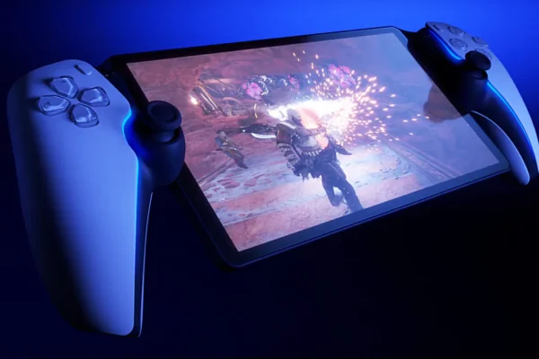 PlayStation Portal handheld device showing action gameplay, illustrating the transition toward a purely digital ecosystem for PlayStation.