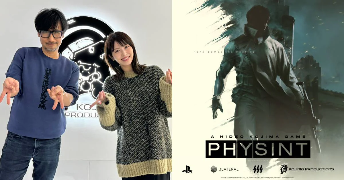 Hideo Kojima y una actriz en las oficinas de Kojima Productions junto al arte promocional del videojuego de acción PHYSINT.
