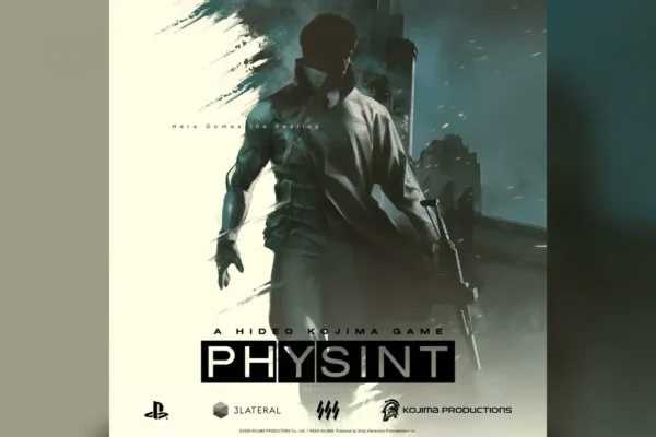 Arte promocional oficial del videojuego PHYSINT de Hideo Kojima mostrando al protagonista con un arma y los logotipos de Kojima Productions y PlayStation.
