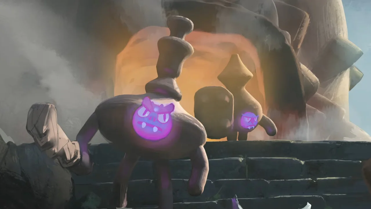 Primer plano de una criatura abstracta de color oscuro con un emblema morado brillante y enfadado en su torso, junto a otra figura similar, destacando el estilo artístico único de 'Thank You Bus Driver'.
