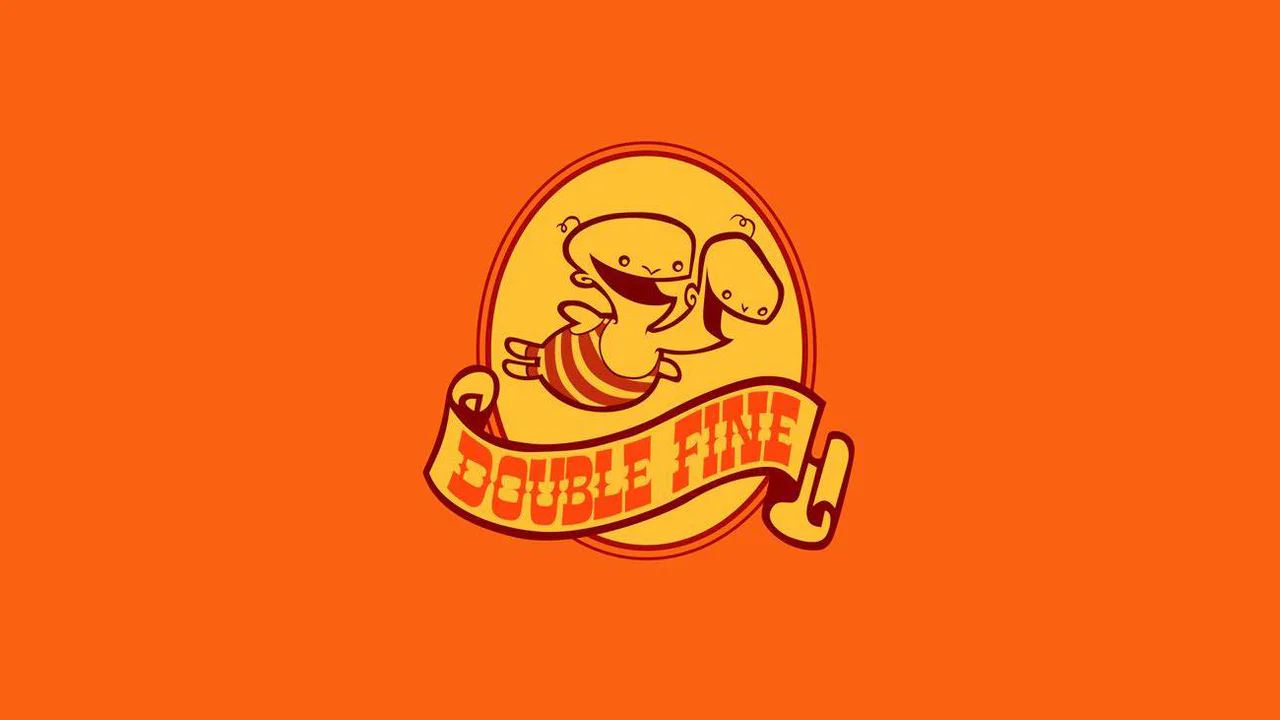 Logo oficial de Double Fine Productions, estudio independiente liderado por Tim Schafer, sobre fondo naranja sólido.