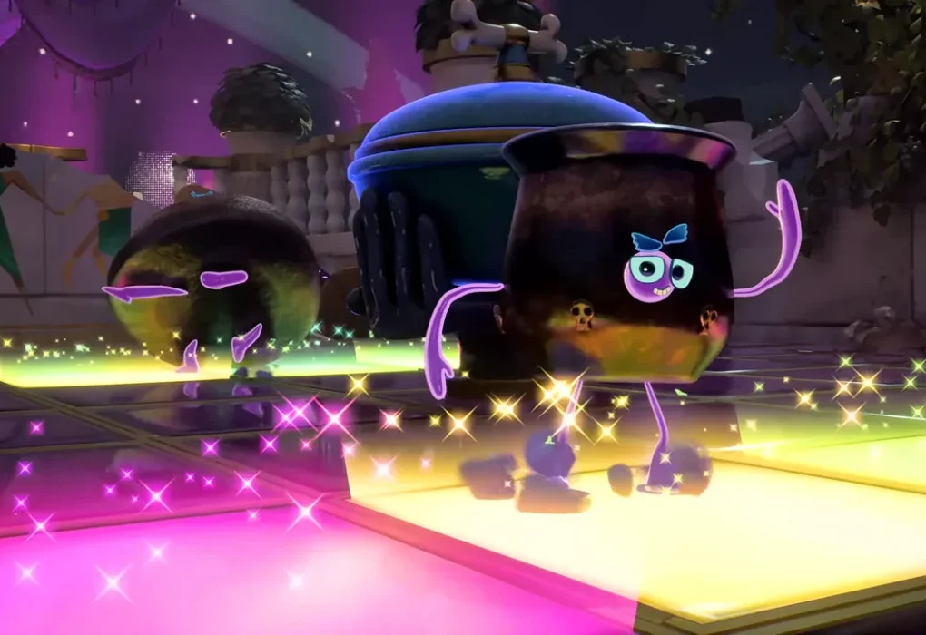 Un personaje jugable con forma de caldero bailando en una pista de baile de neón brillante dentro del caótico videojuego Thank You Bus Driver de Double Fine.