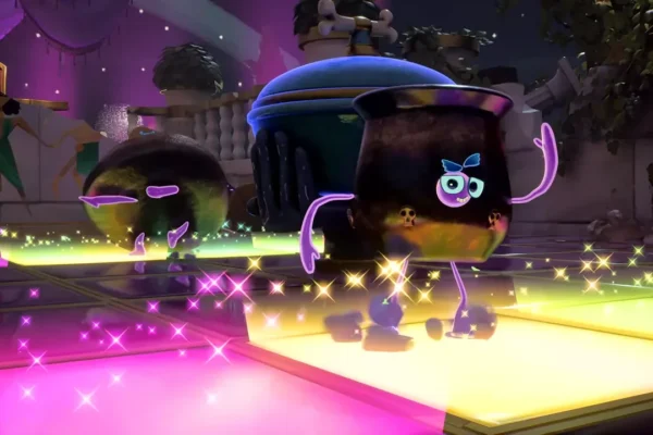 Un personaje jugable con forma de caldero bailando en una pista de baile de neón brillante dentro del caótico videojuego Thank You Bus Driver de Double Fine.