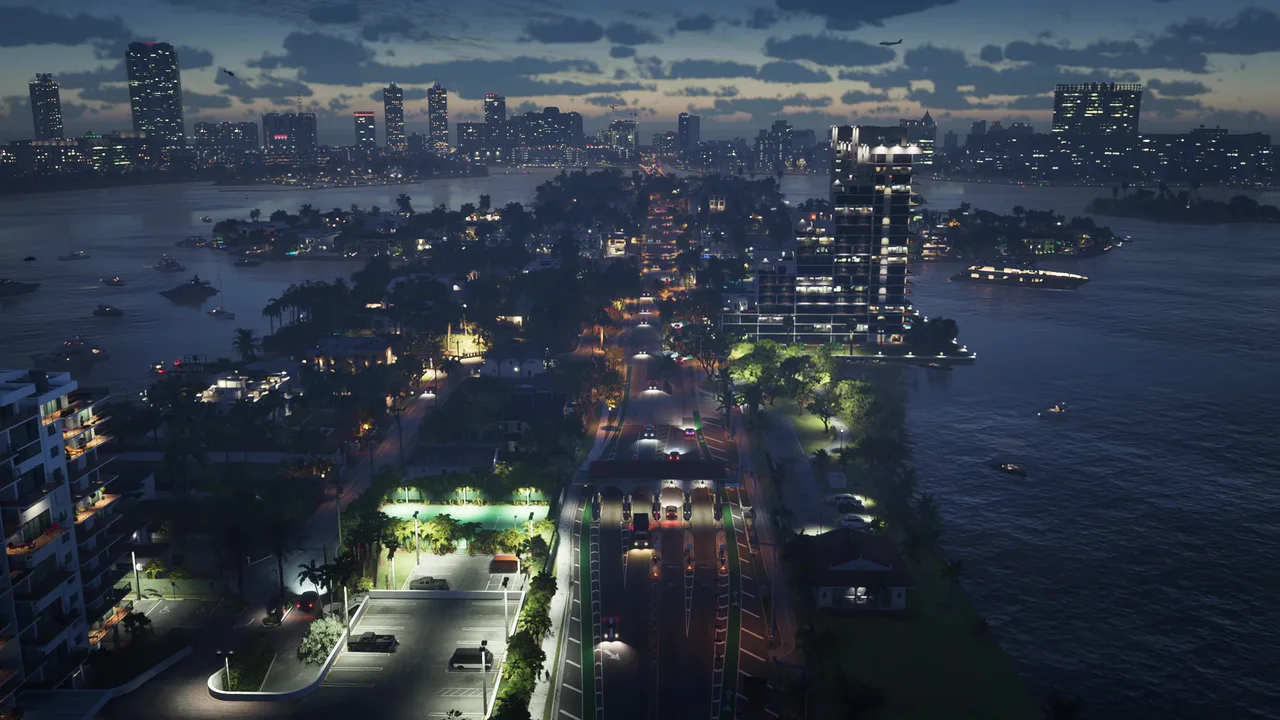 Vista panorámica nocturna de Vice City en Grand Theft Auto VI mostrando islas residenciales y tráfico vehicular.