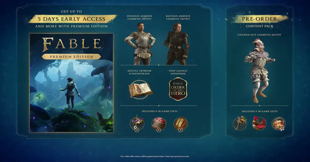 Imagen promocional de Fable mostrando la Edición Premium con 5 días de acceso anticipado, el arte de la portada del juego, la Armadura Cosmética de Reliquia del Héroe, el Pase de Expansión y extras digitales. También detalla el pack de pre-orden con el Traje de Pollo Cosmético y otros regalos en el juego.