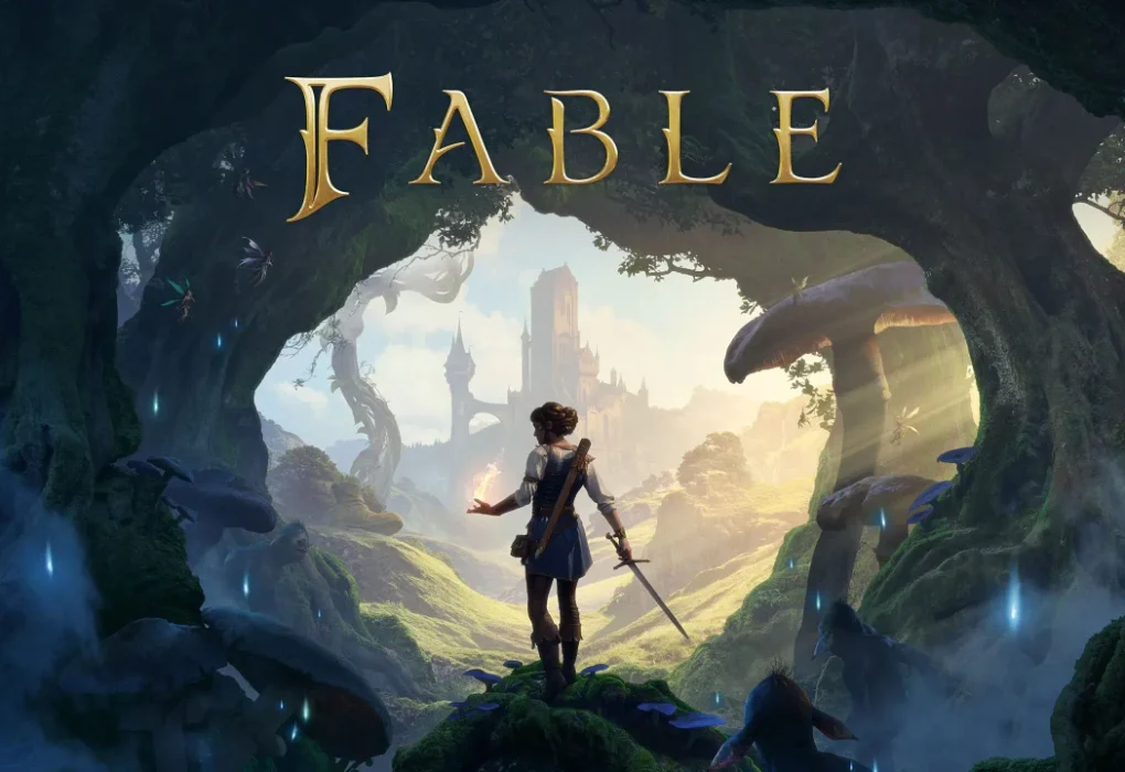 Arte promocional de Fable que muestra a la protagonista frente a un castillo mágico en un bosque encantado, ilustrando el anuncio multiplataforma del juego.
