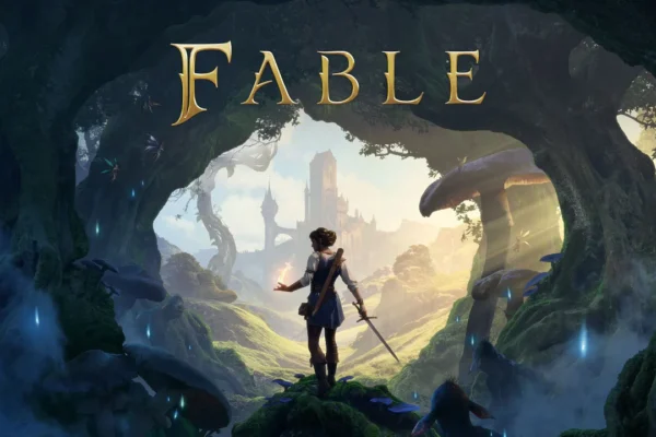 Arte promocional de Fable que muestra a la protagonista frente a un castillo mágico en un bosque encantado, ilustrando el anuncio multiplataforma del juego.