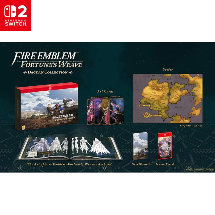 La Colección Dagdan de Fire Emblem: Fortune's Weave para Nintendo Switch, exhibiendo el juego en caja, un libro de arte, una caja metálica (steelbook), cartas de arte y un mapa detallado del mundo, ofreciendo una vista completa de la edición especial.