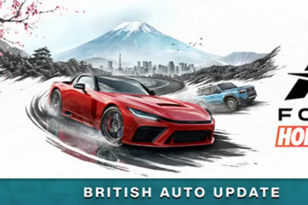 Promotional key art for Forza Horizon 6 showing a red sports car and an off-road vehicle in front of a stylized Mount Fuji and Japanese city landscape.