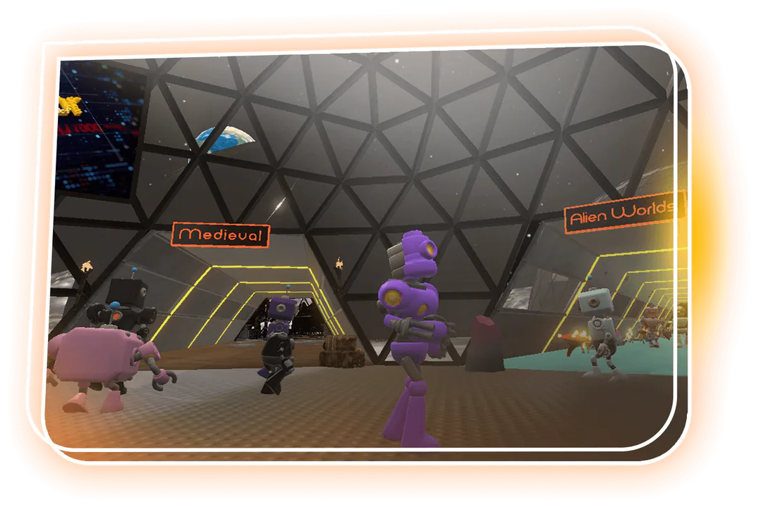 Escenario virtual dentro de la Nova Games Foundation que muestra robots explorando portales hacia los mundos Medieval y Alien Worlds.