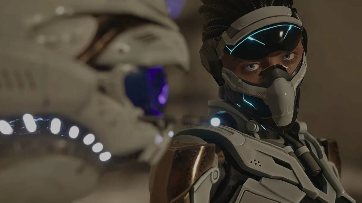 Un personaje futurista con visor tecnológico y máscara se encuentra junto a un robot blanco de diseño avanzado, representando la estética visual que promueve la Nova Games Foundation.